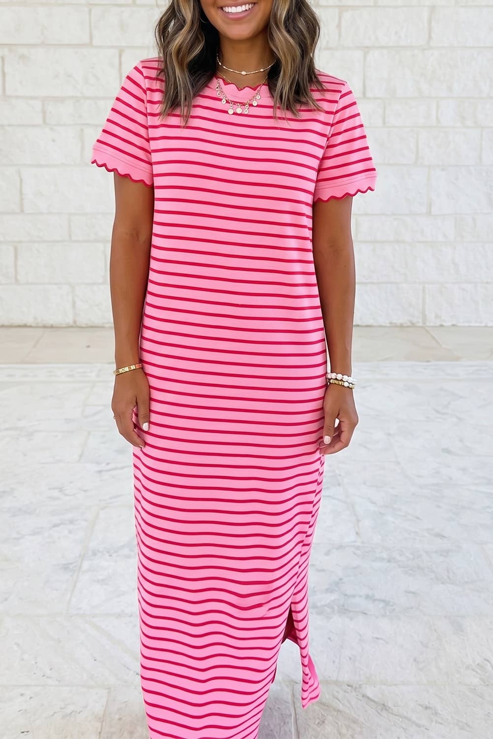 Scalloped Trim Short Sleeve Side Slit T Shirt Long Dress