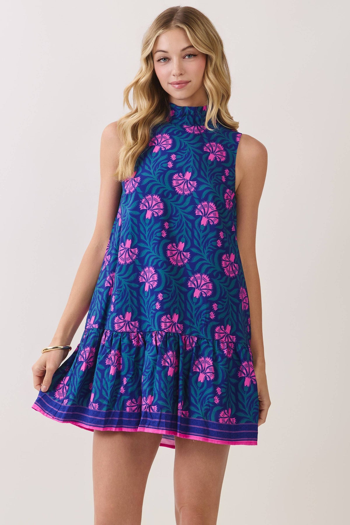 CD07412-Floral Mock Neck Shift Mini Dress