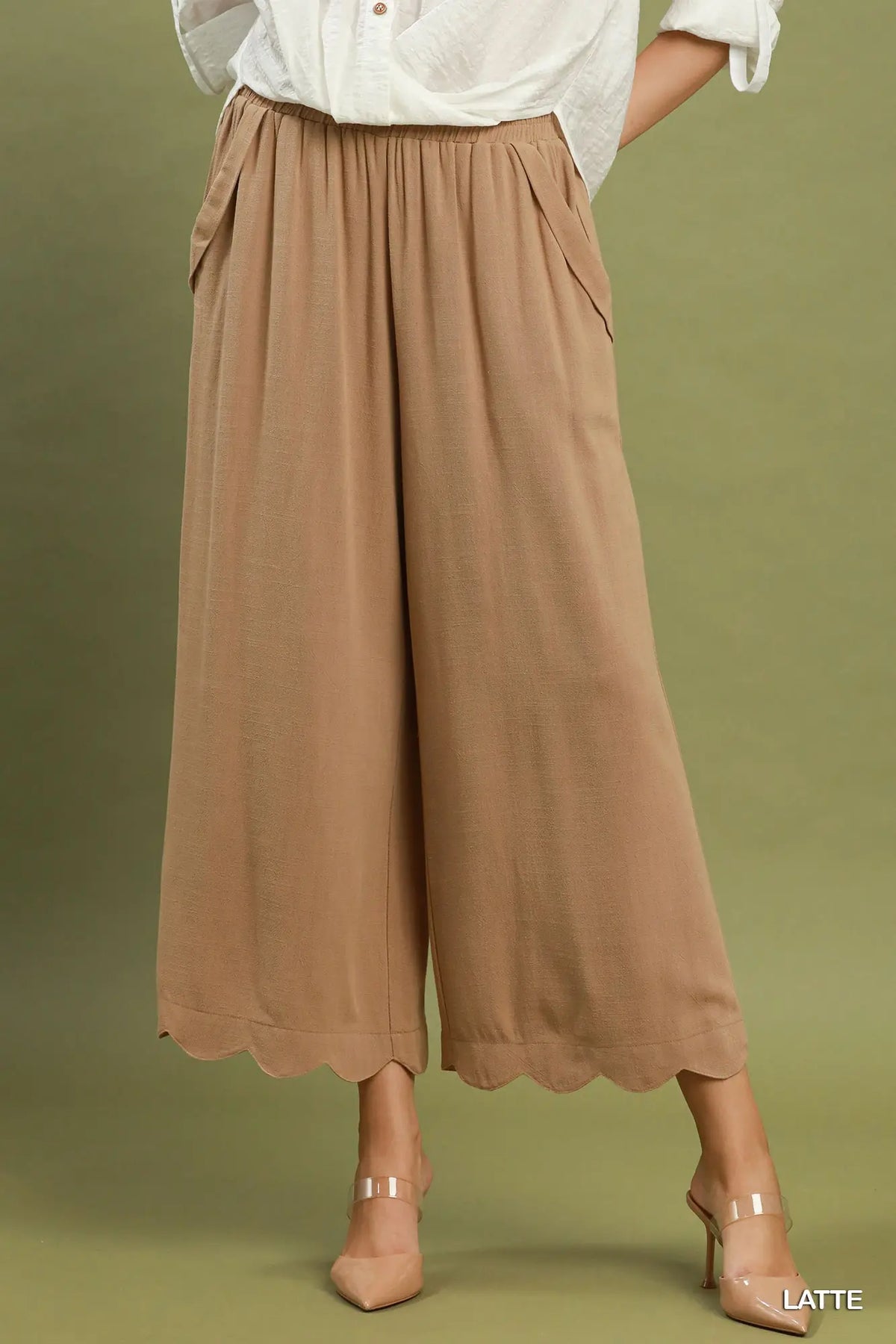 Umgee Linen/Cotton Scallop Pants- Khaki