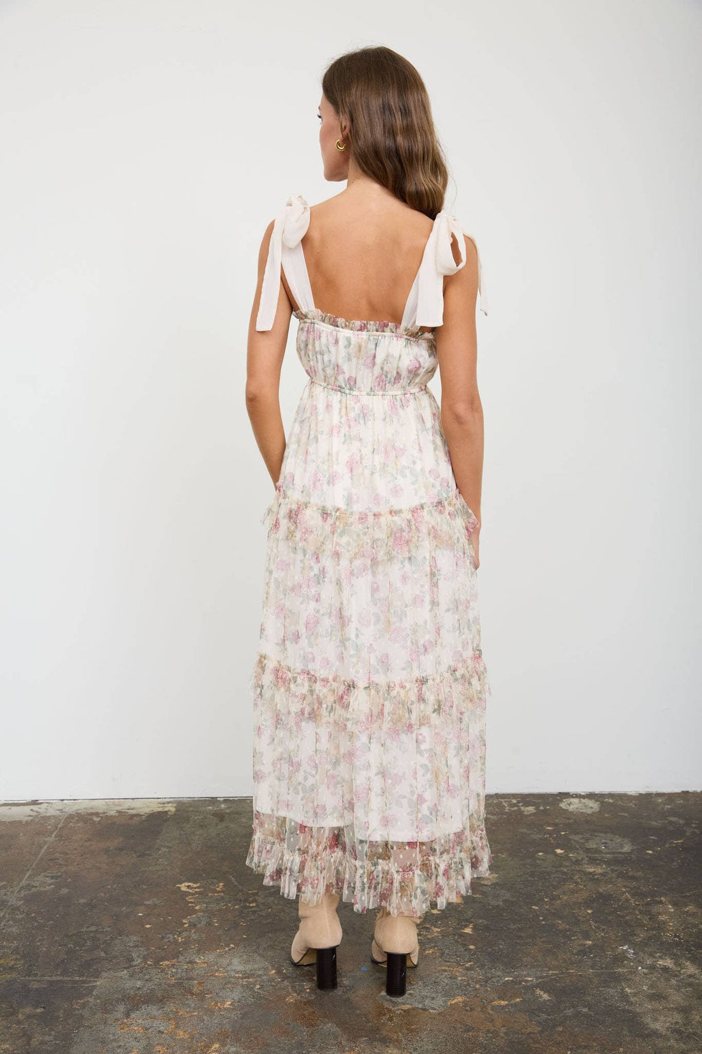 FLORAL CHIFFON TIE STRAP RUFFLED TIERED MIDI DRESS