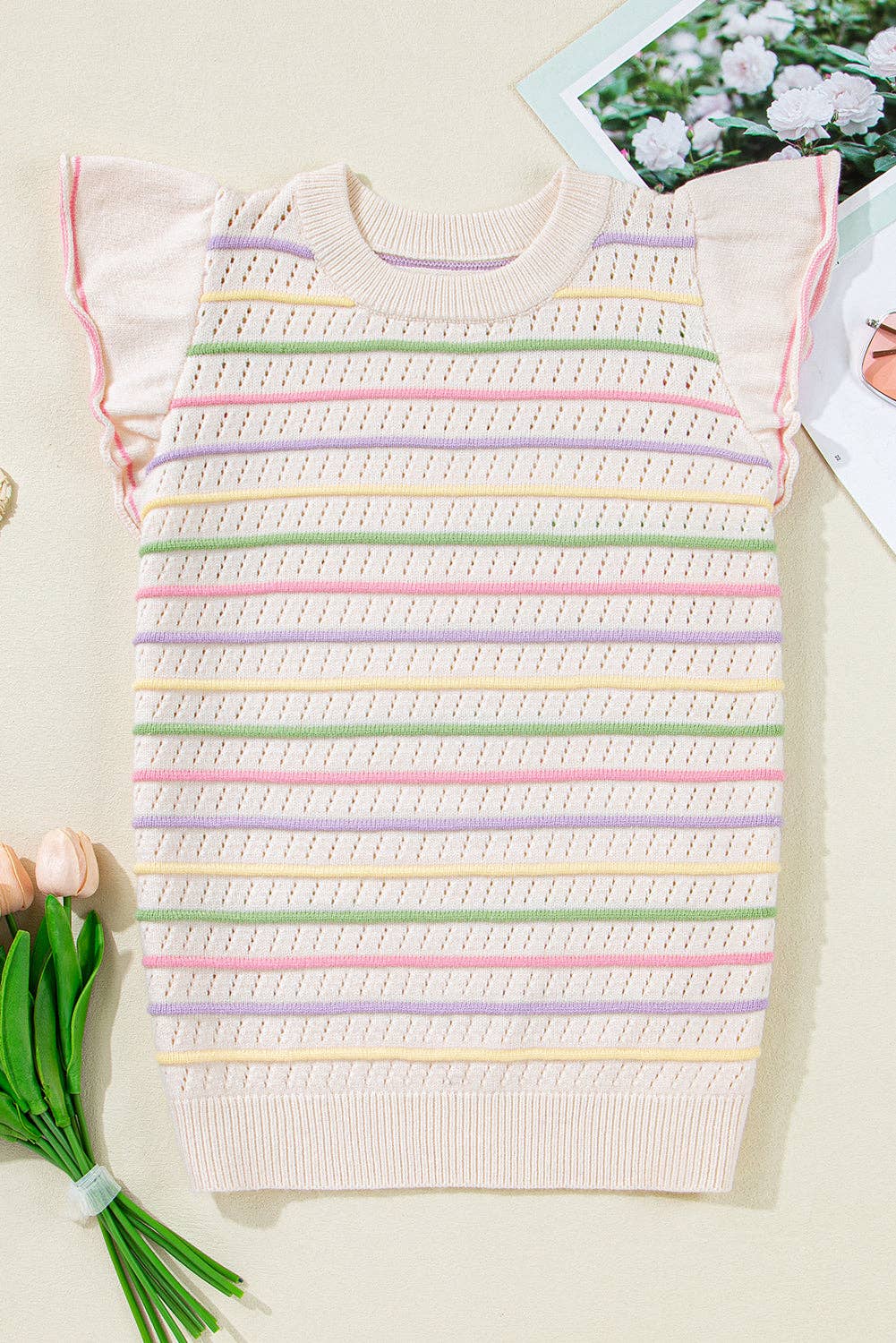 PRETTY BASH Stripe Eyelet Knit Ruffle Sleeve Sweater