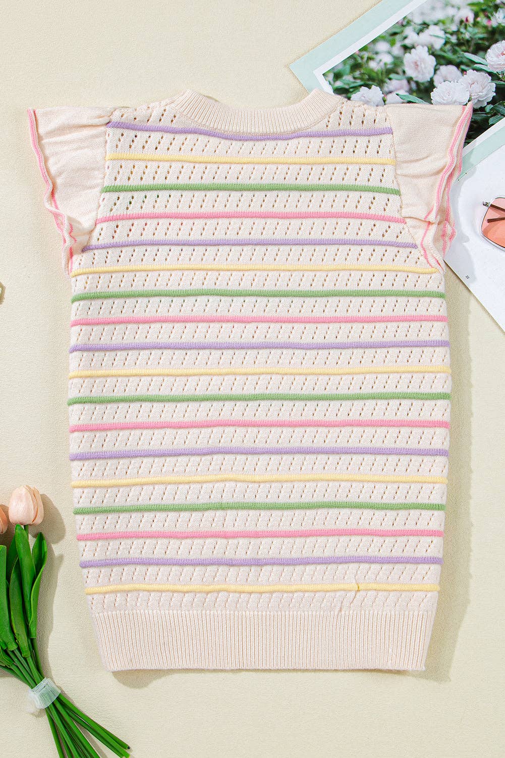 PRETTY BASH Stripe Eyelet Knit Ruffle Sleeve Sweater