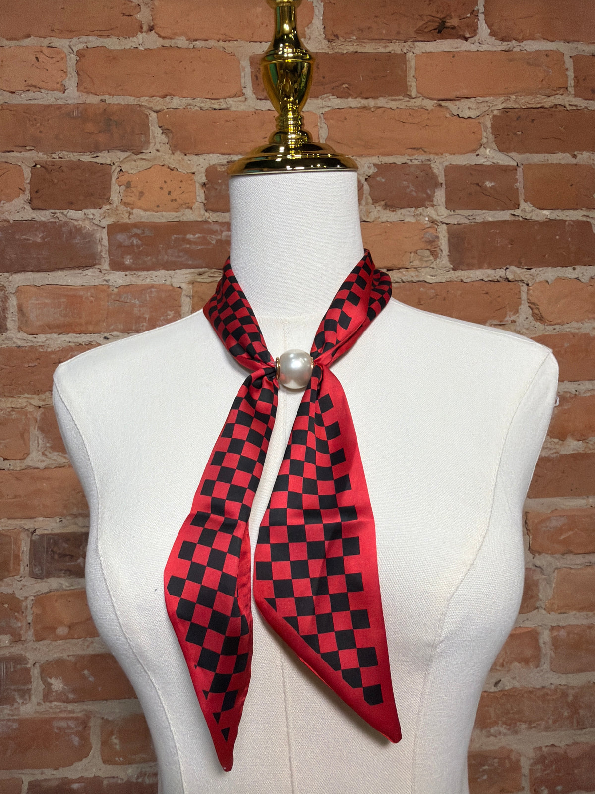 Long Red Check Pearl Scarf
