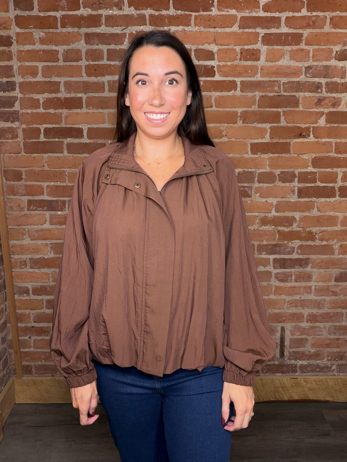 The Oakley Brown Zip-Front Top