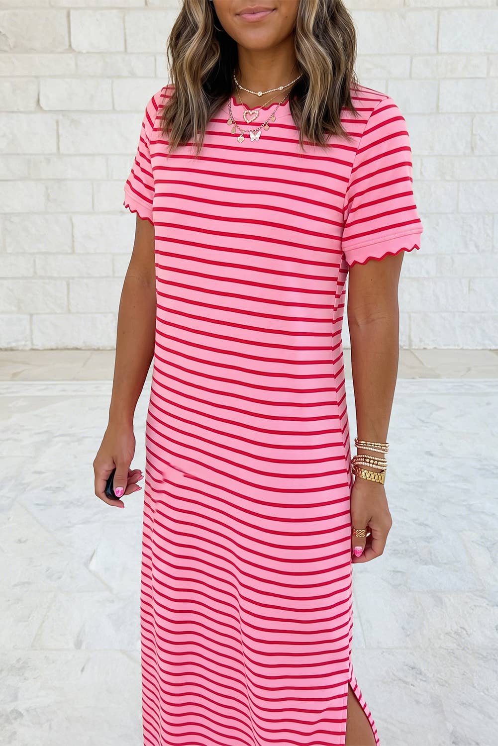 Scalloped Trim Short Sleeve Side Slit T Shirt Long Dress