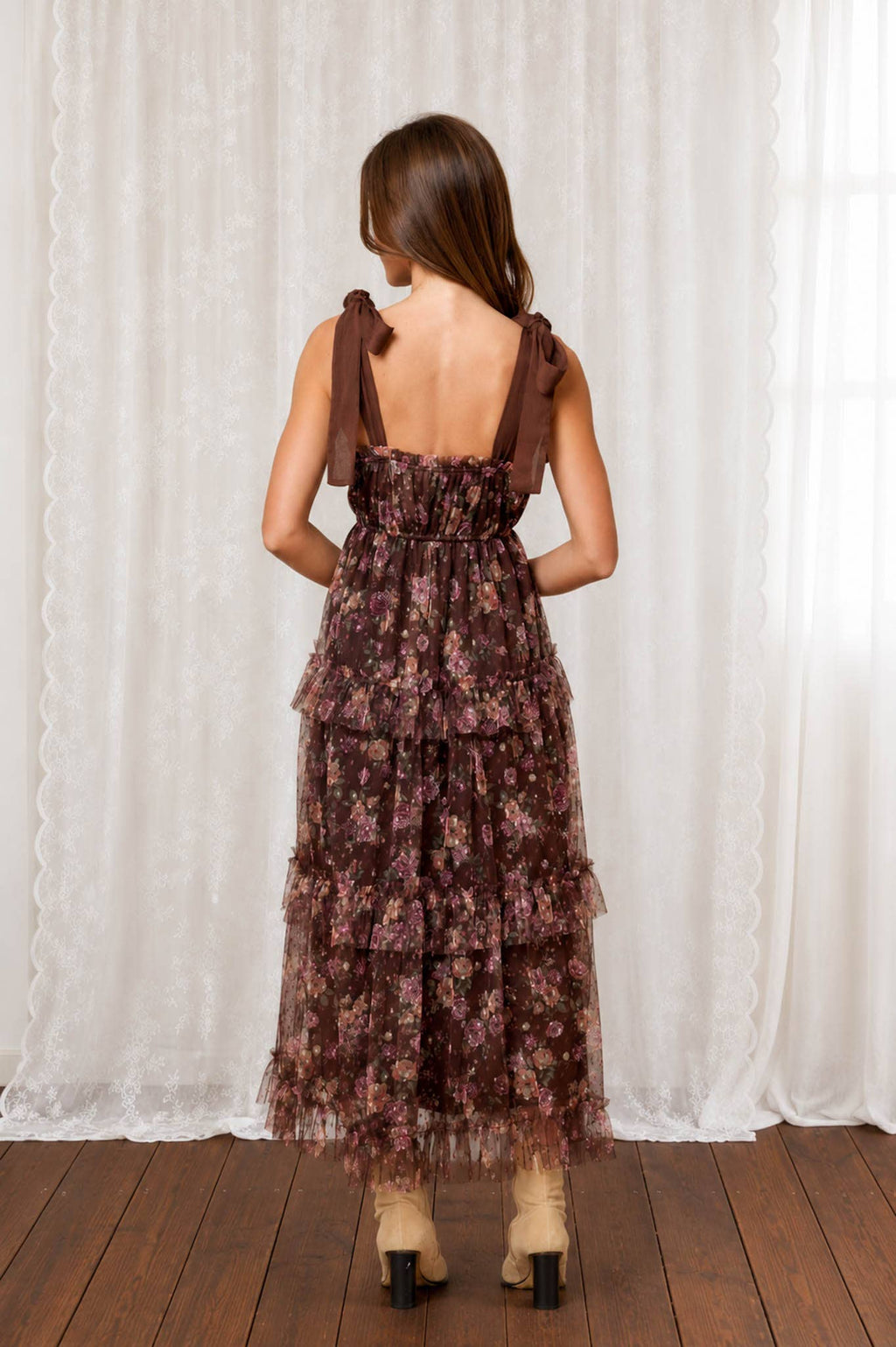 FLORAL CHIFFON TIE STRAP RUFFLED TIERED MIDI DRESS