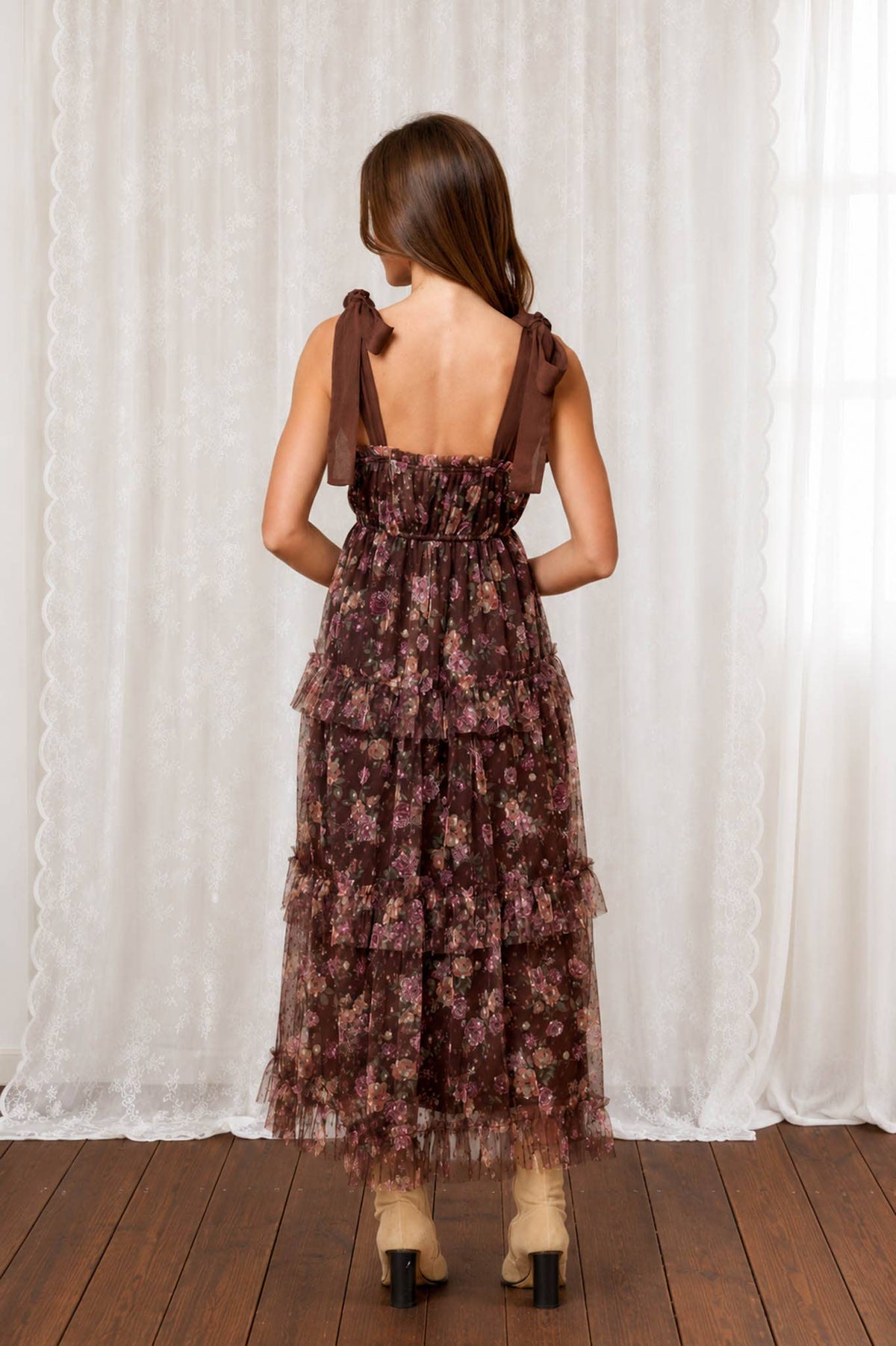 FLORAL CHIFFON TIE STRAP RUFFLED TIERED MIDI DRESS