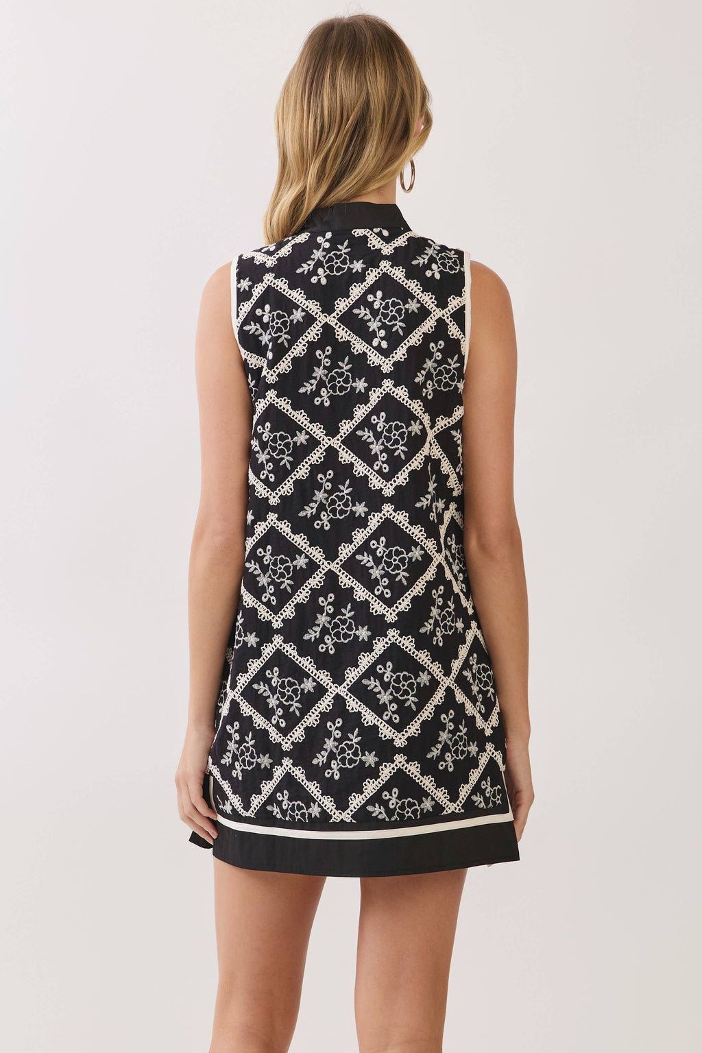 CD07296-Floral Embroidered Lattice Shift Mini Dress