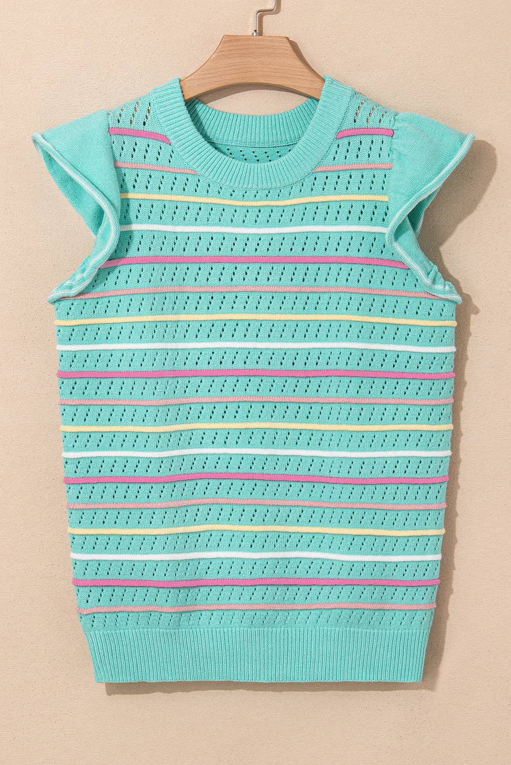PRETTY BASH Stripe Eyelet Knit Ruffle Sleeve Sweater