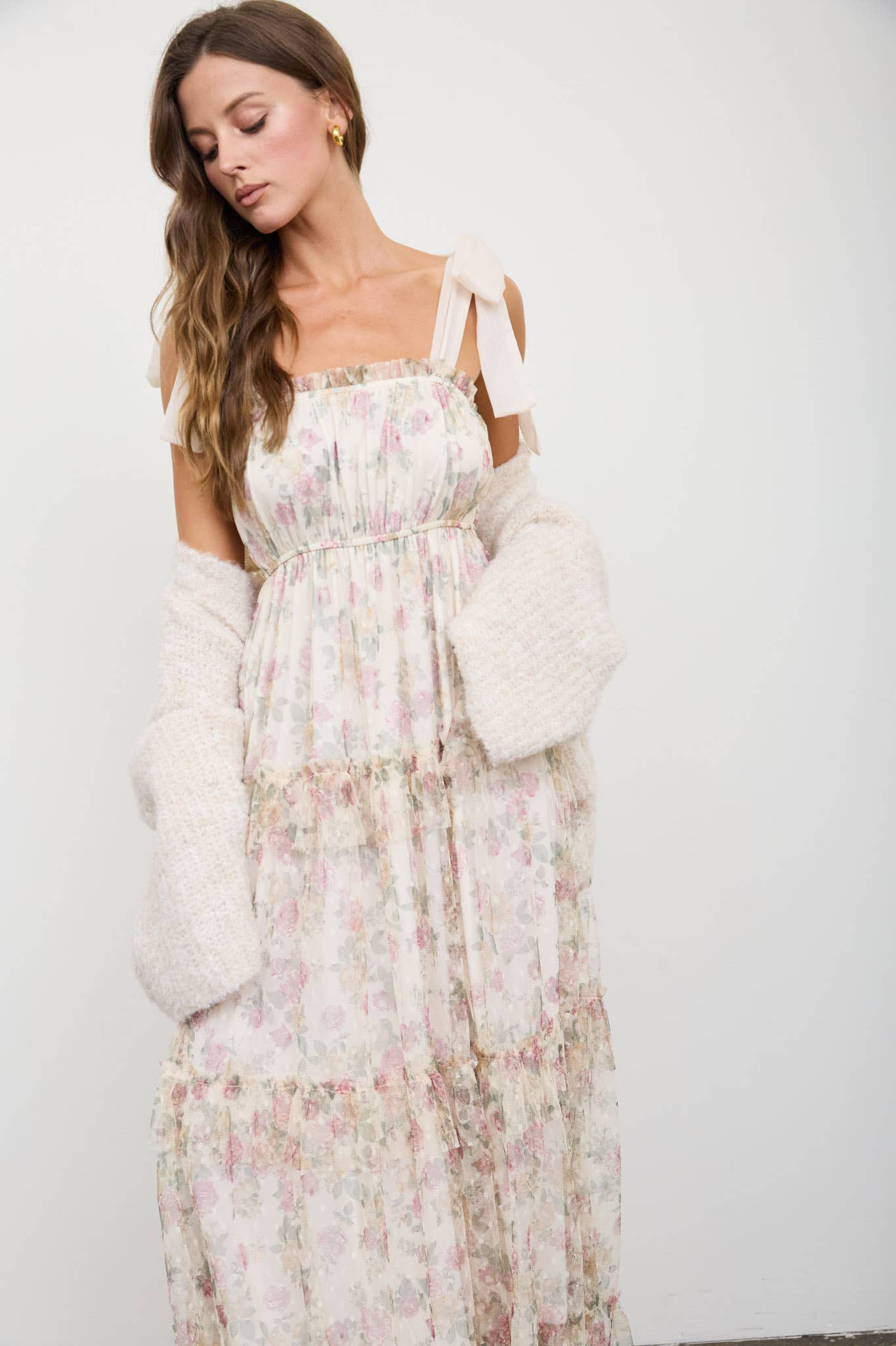 FLORAL CHIFFON TIE STRAP RUFFLED TIERED MIDI DRESS