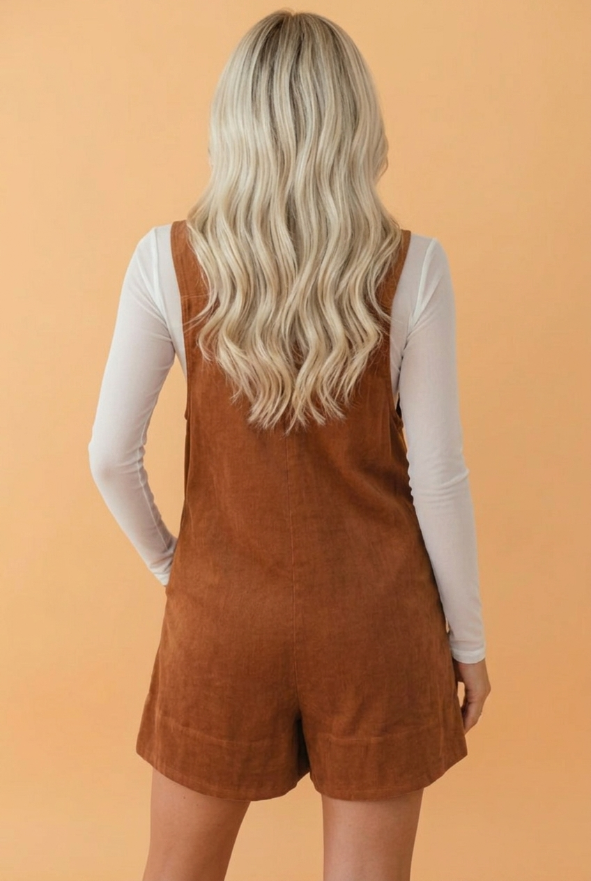 PRETTY BASH Solid Tie V-Neck Sleeveless Corduroy Romper