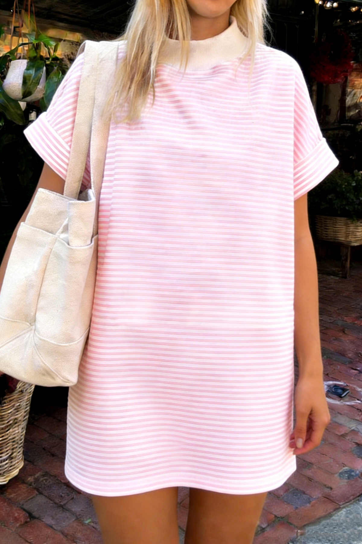Stripe Mock Neck Short Sleeve Dress